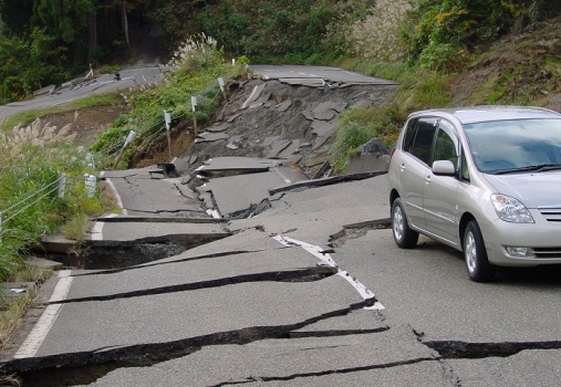 Earthquake damage on a roadway 