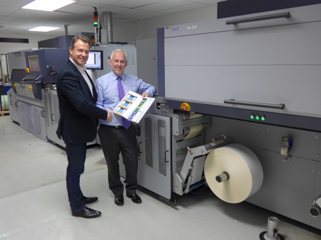 Helmuth Munter (left), Durst’s Segment Manager, Labels & Package Printing, with David Webster in front of the Durst systems at LabMak’s headquarters