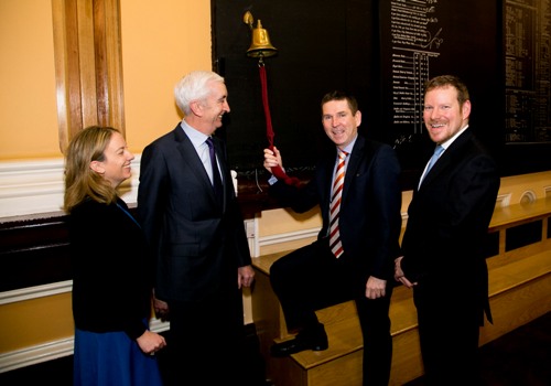 (L-R) Orla O'Gorman Head of Equities ISE Padraic O'Connor Chairman ISE Tony Richardson CEO Venn ringing bell and Jonathan Hartshorn CFO Venn 